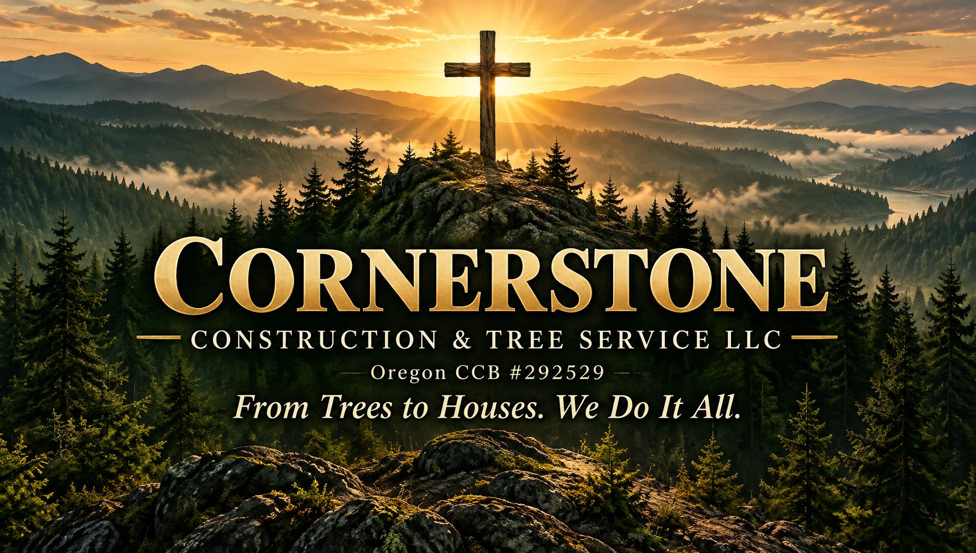 Cornerstone Construction & Tree Service logo: a rustic wooden cross on a mountain ridge at golden sunrise above layered Southern Oregon evergreen peaks, with the tagline From Trees to Houses. We Do It All.